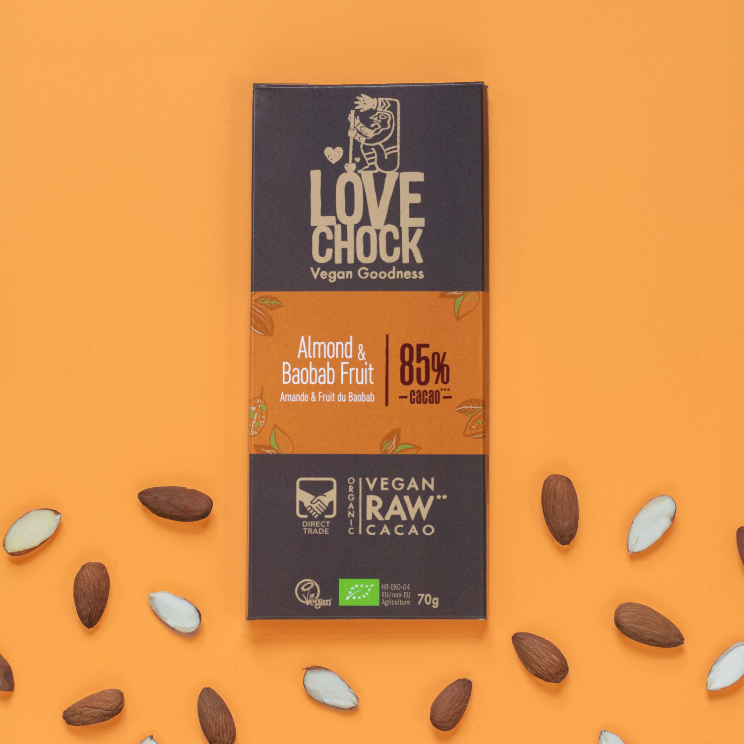Lovechock NL - Wholesale Chocolate Bar - 85% chocolate almond & baobab - Organic, raw, vegan, sustainable1