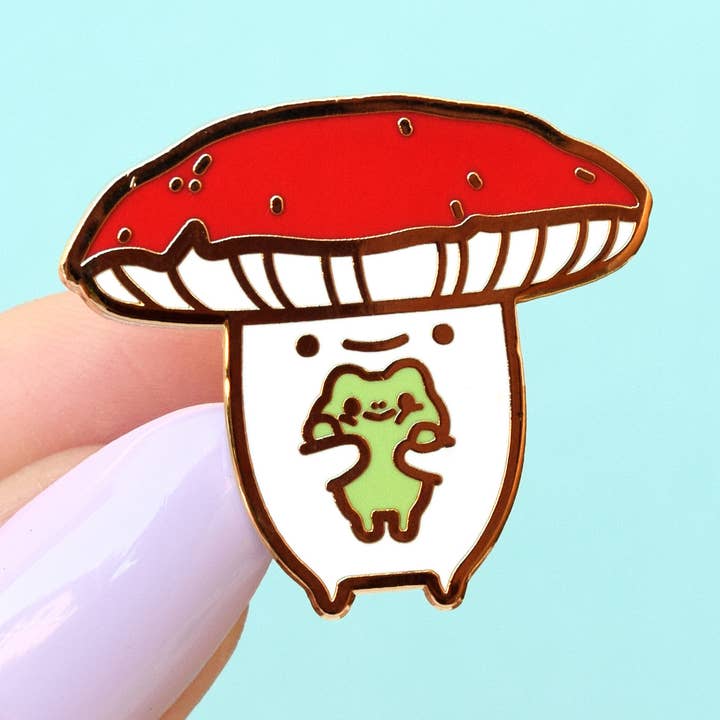 Frog Hug Mushroom Enamel Pin for wholesale by Sugarnova