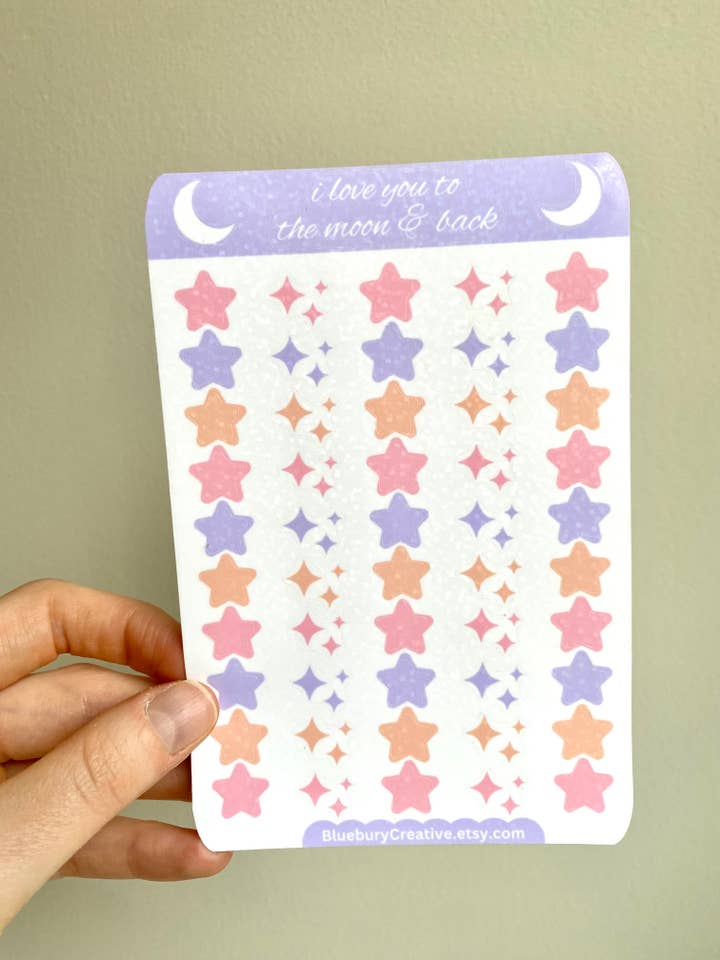 Moon and Stars - Holographic Sticker Sheet for wholesale by Bluebury Creative