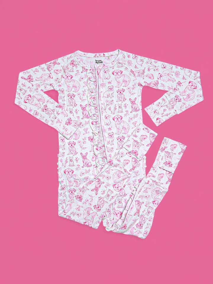 PINK PUPPY TOILE DREAM RUFFLE ROMPER for wholesale by Dream Big Little Co.