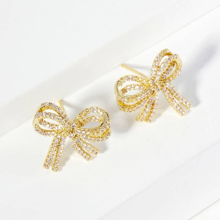 Micro Pave Set Cubic Zirconia Ribbon Bow Stud Earrings for wholesale by OHBOOBA DESIGN
