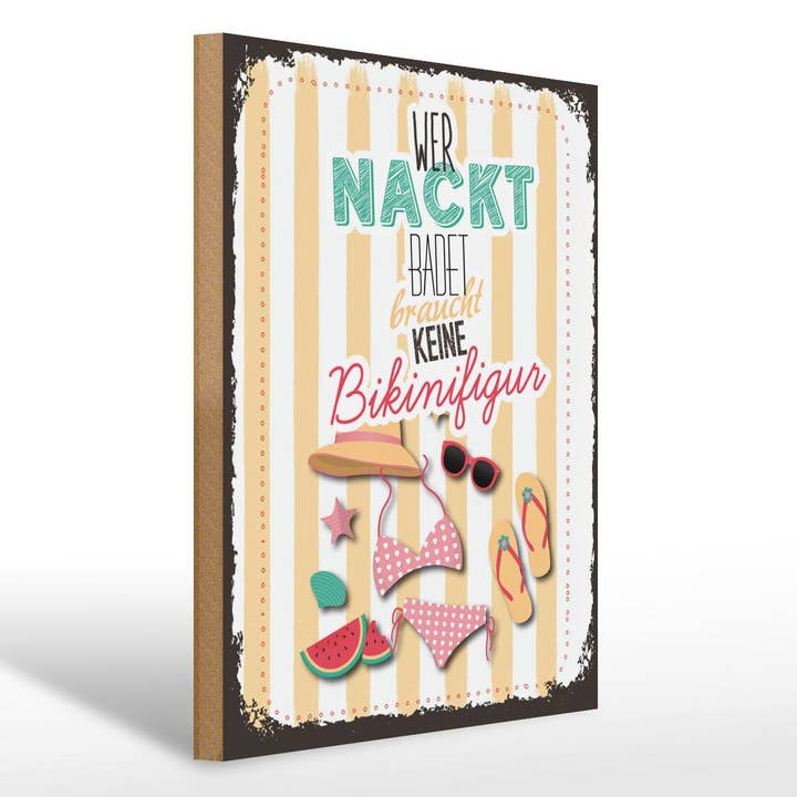 Sinal de madeira dizendo Who Naked Baths Sem Figura de Biquíni 30x40 cm por atacado de Femer