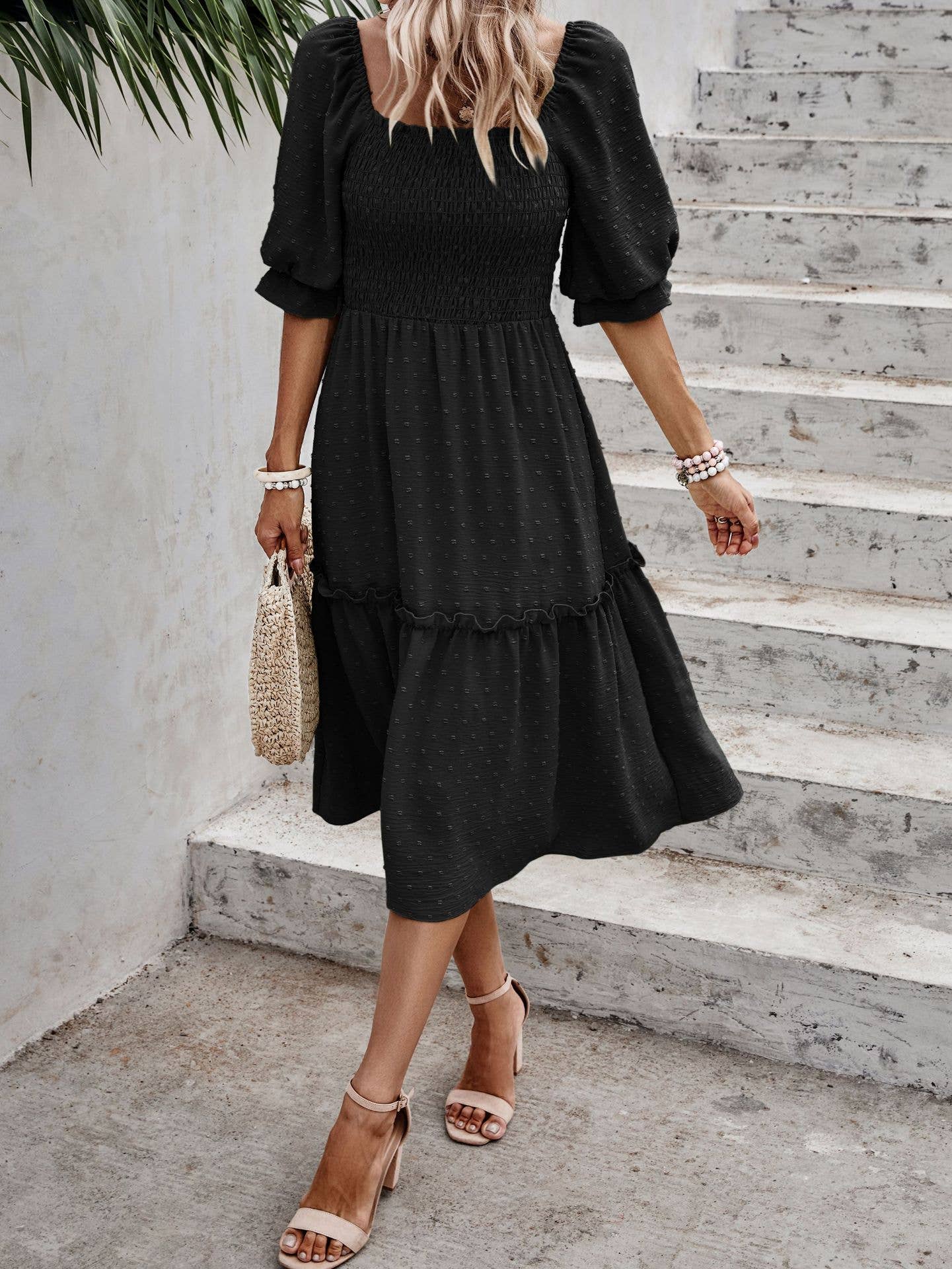 eLook – Großhandel Kleid – Damen – SZ1-DR6227 Swiss Dots Gemustertes Midikleid mit halben Ärmeln32