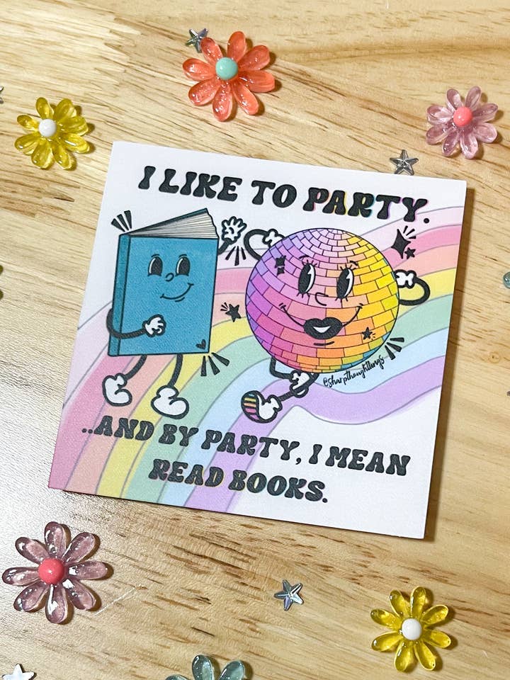 Ik hou van feesten, discobal en boekensticker voor wholesale door Sharp Thoughtlings