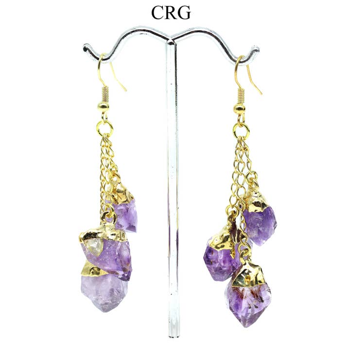 QTY 1 - 3-Point Amethyst Dangle Earrings with Gold Plating / 1-2" AVG for wholesale by Crystal River Gems LLC