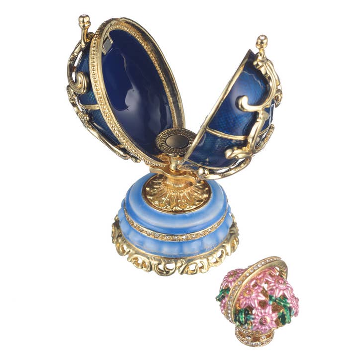 danila-souvenirs - Venta al por mayor Artículo decorativo de mesa - Huevo Faberge Spring Flowers con cesta de flores azul