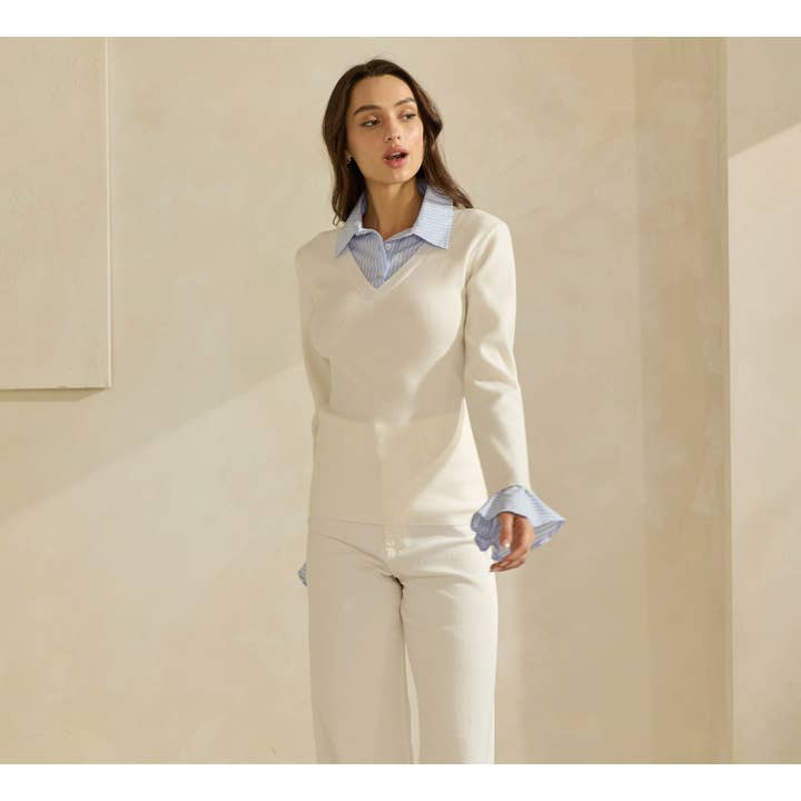 Ivory Sky Sweater Top with Contrast Neck & Cuffs for wholesale on Faire6