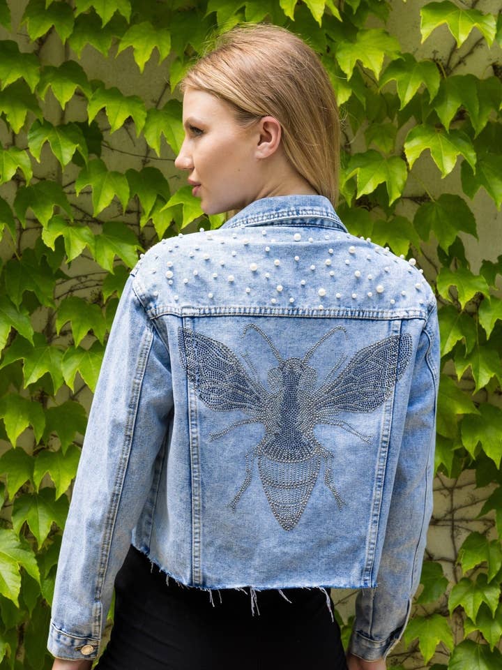 Jacket, Blue Denim, Pearls & Gunmetal Queen Bee for wholesale by Moving Forward Designs