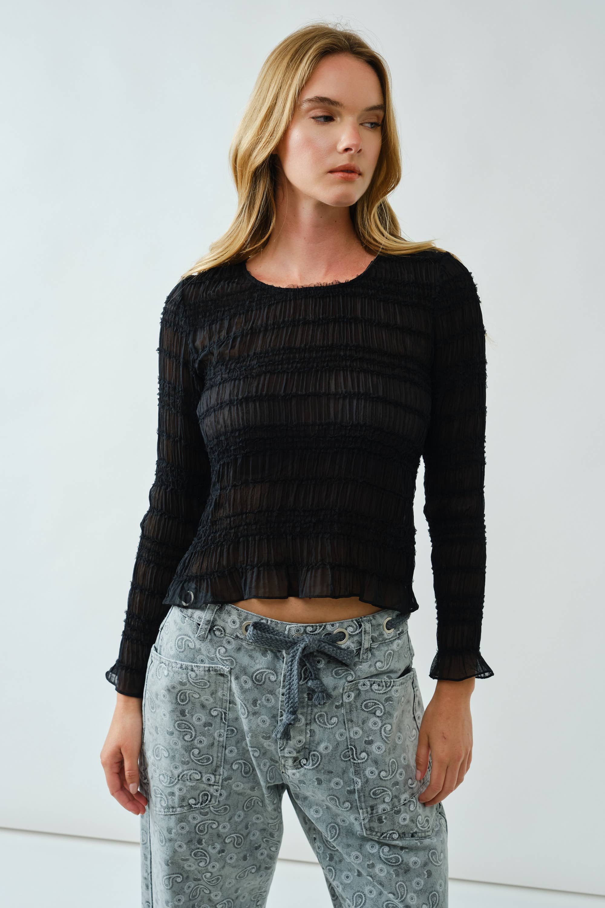 Aaron & Amber - Wholesale Knit Top - Women's - AJT5432 LACE DETAIL SHEER SMOCKING TOP6