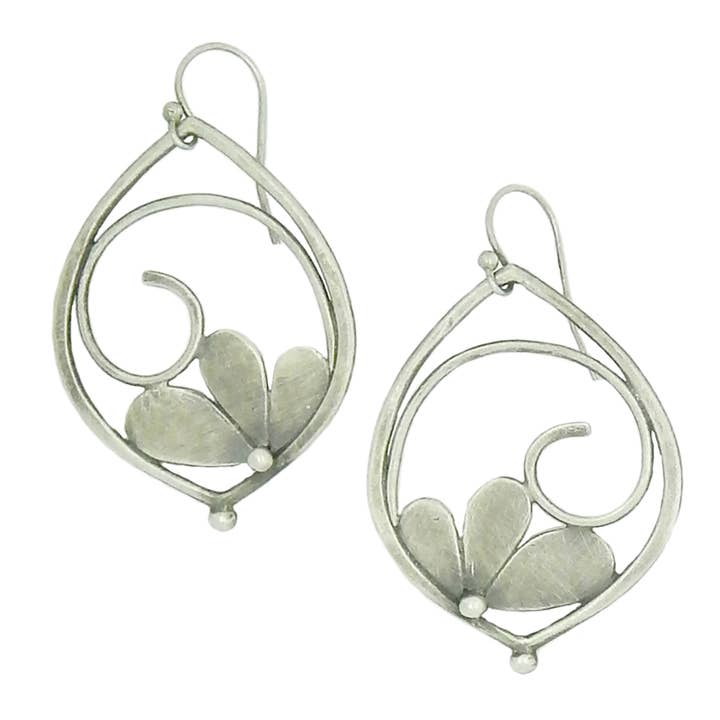 Framed spiral and three petal earrings for wholesale by Julia Britell Design