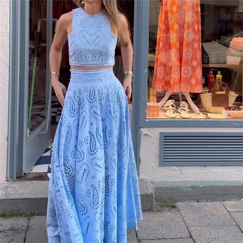 OceanusSwim - Wholesale Top & Skirt Set - Women's - Hollow Print Sleeveless Top And Midi Skirt Set2
