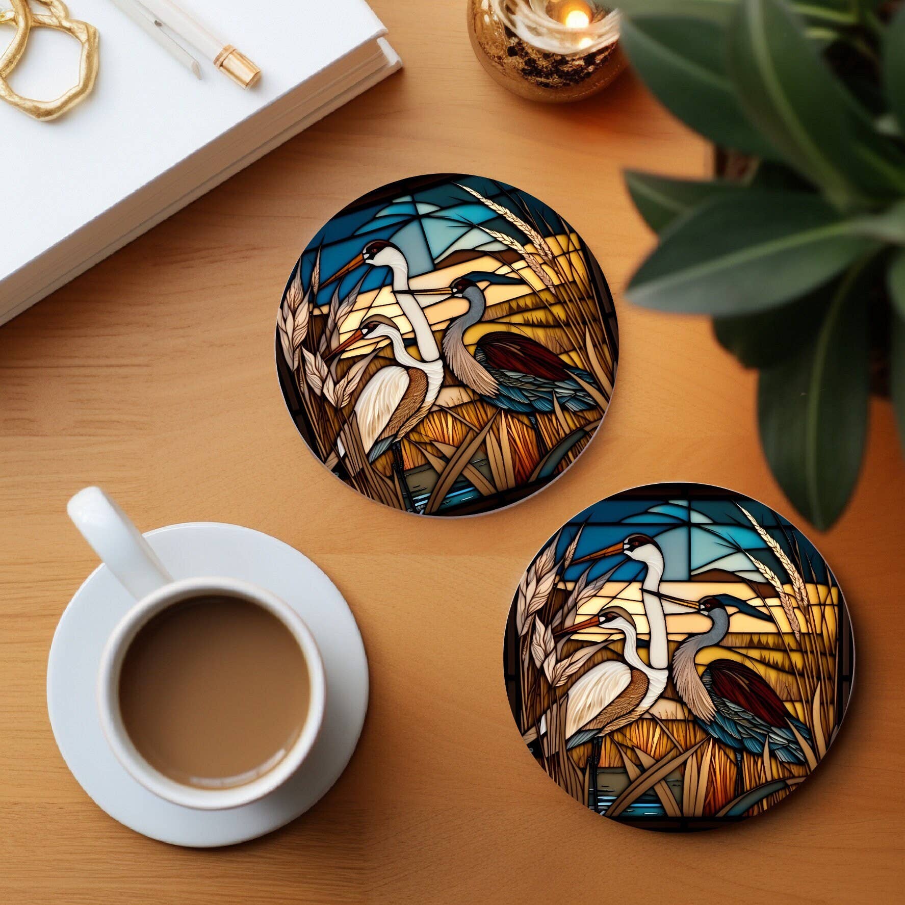 Fernville Creations - Wholesale Coasters - Nautical & Crane Ceramic Coasters with Stained Glass Motif2