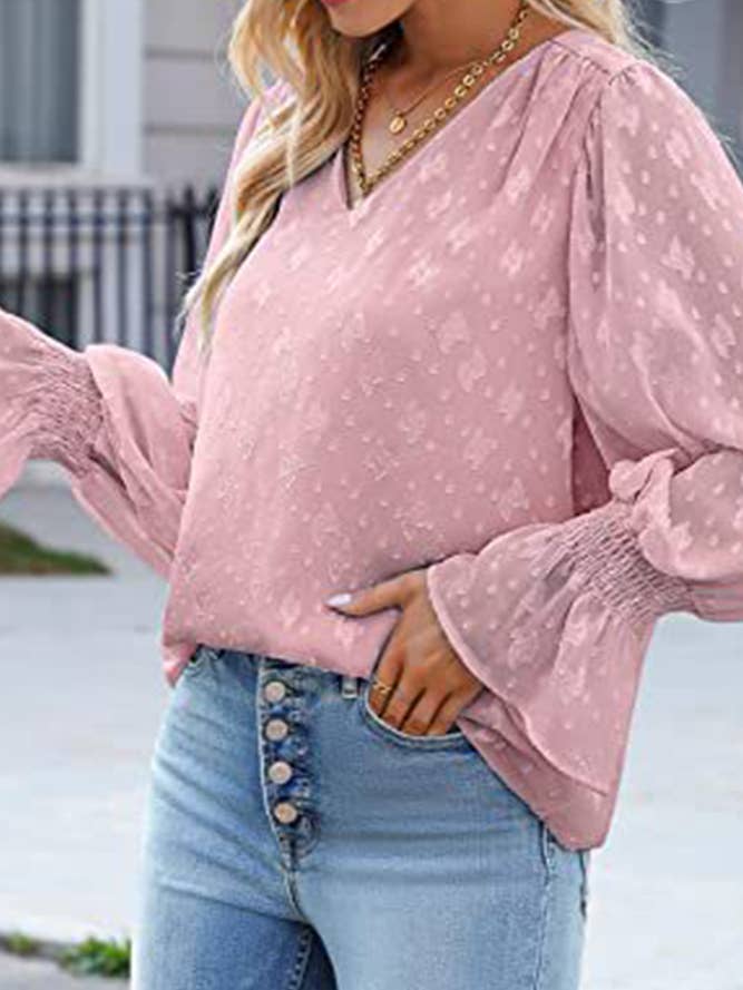 UNISHE - Wholesale Blouse - Women's - V Neck Lace Sheer Flare Sleeves Blouse AXR0055