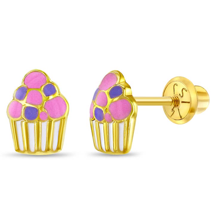 14k Gold Colorful Cupcake Kids / Children's / Girls Earrings for wholesale by In Season Jewelry