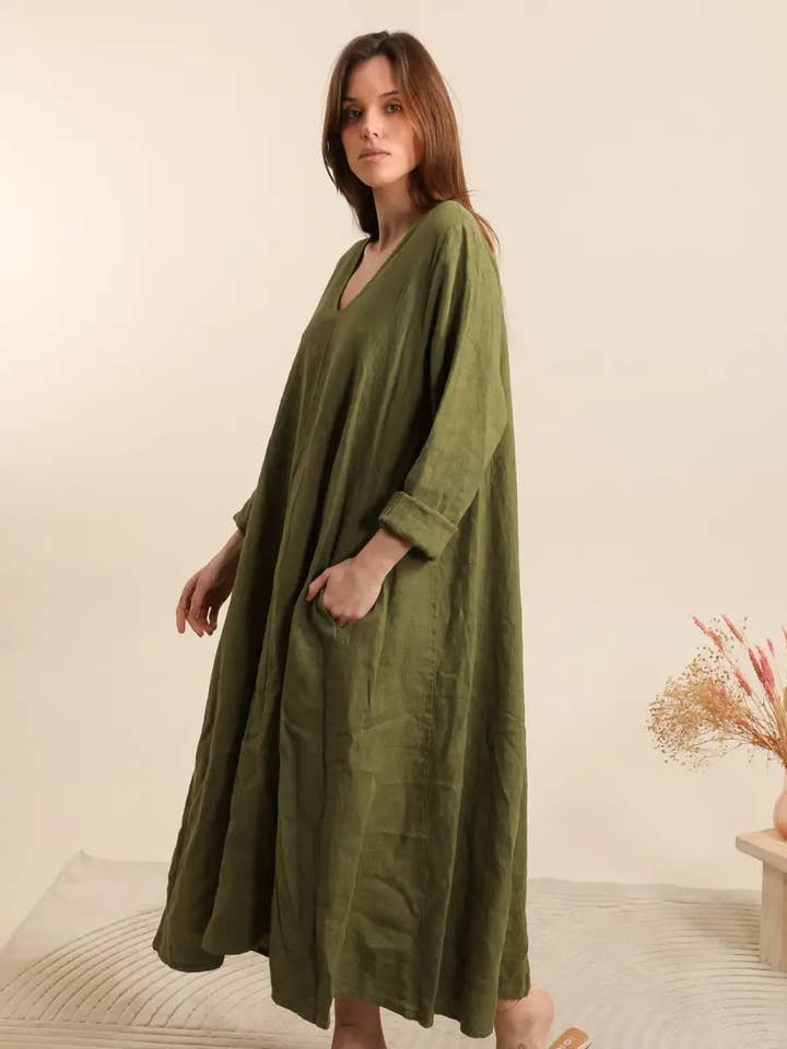 25754 100% linen long dress for wholesale by la maison des fibres naturelles