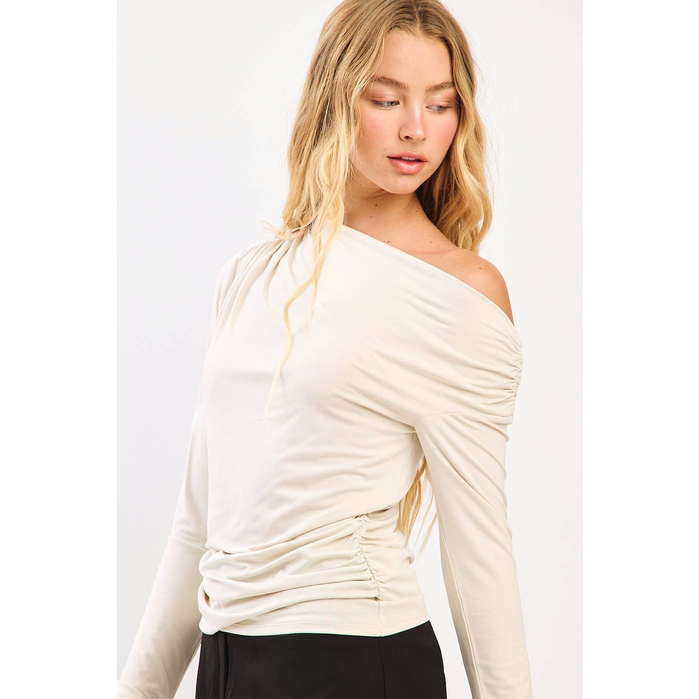 mittoshop - Wholesale Knit Top - Women's - ONE SHOULDER LONG SLEEVE DRAPE BRUSHED KNIT TOP1