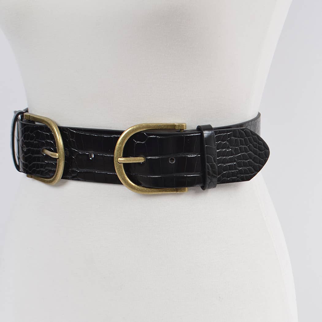 3AM BY H&D ACCESSORIES - Wholesale Belt - Women's - Two Buckle Faux Croc Leather Waist Belt1