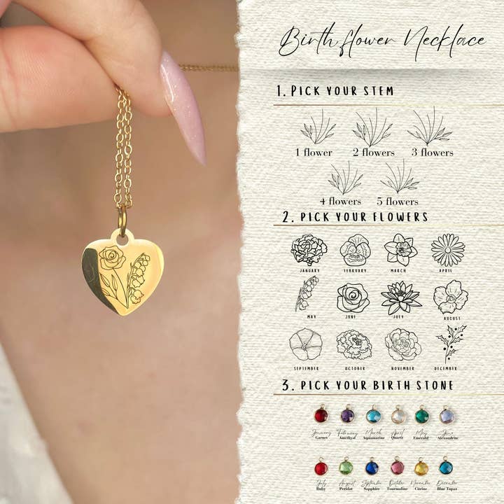 18k Gold Birth Flower Heart Pendant with Birthstones for wholesale by Rossie Jewellery