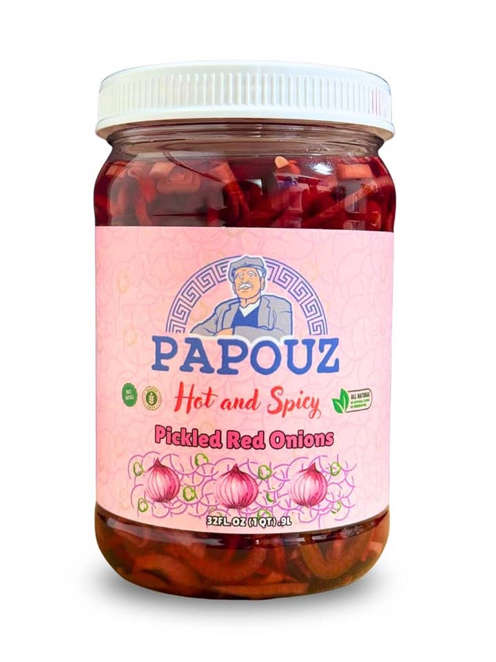 Papouz 32 Fl/Oz Hot and Spicy Pickled Red Onions w Jalapeño for wholesale by Papouz