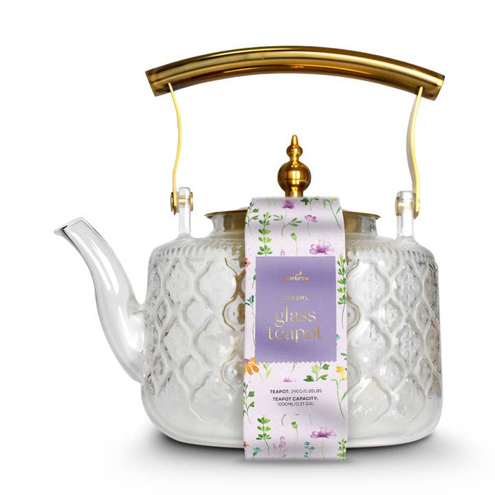 Patterned Borosilicate Glass Teapot With Gold Lid & Handle 1000ml for wholesale by Charbrew Tea & Coffee