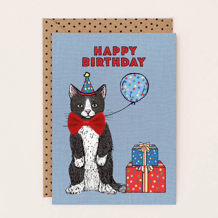 Black and White Cat Greetings Card Blue for wholesale by Apple & Clover
