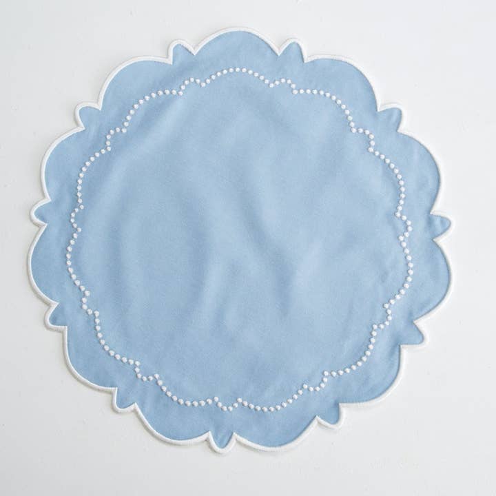 WATERPROOF EMBROIDERED COTTON PLACEMAT – BLUE ROUND for wholesale by PNR Decor