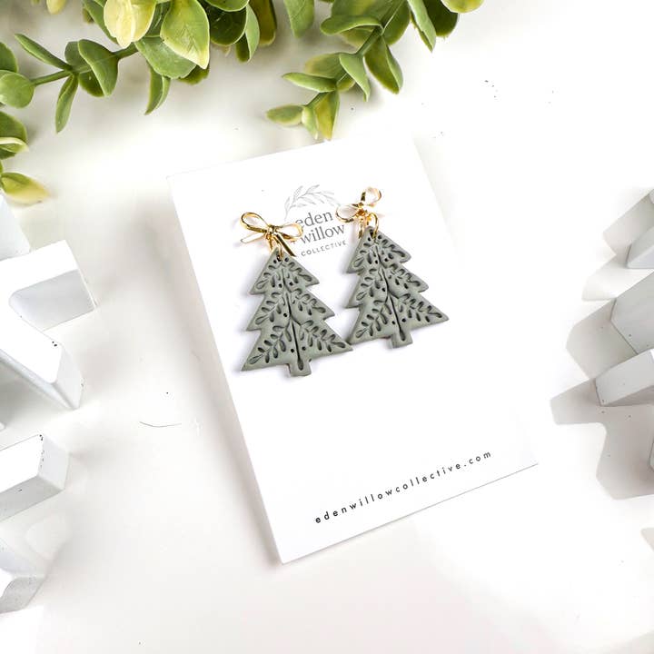 Eden + Willow Collective - Wholesale Dangle Earrings - Handmade Nordic Christmas Tree Earrings with Gold Bows2