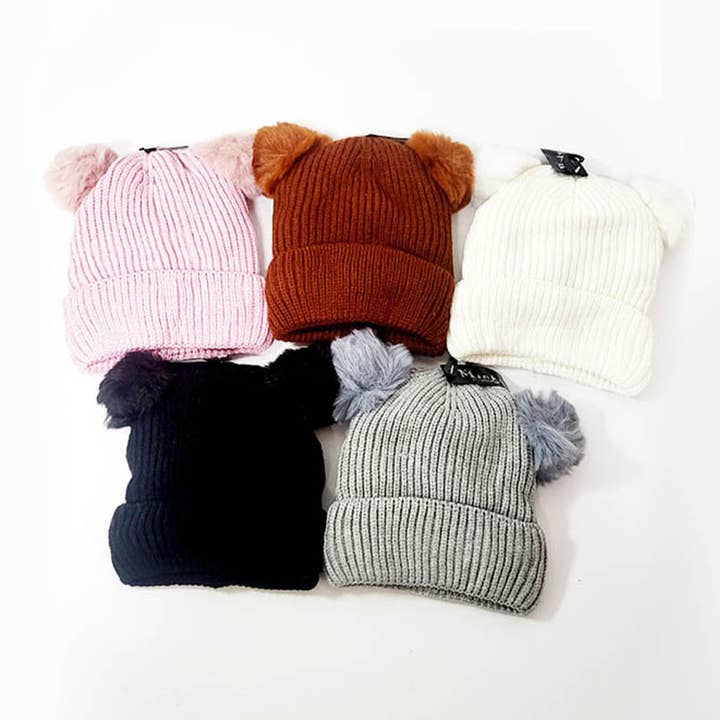 Assorted Color Kids Double Layer Pom Pom Beanie for wholesale on Faire