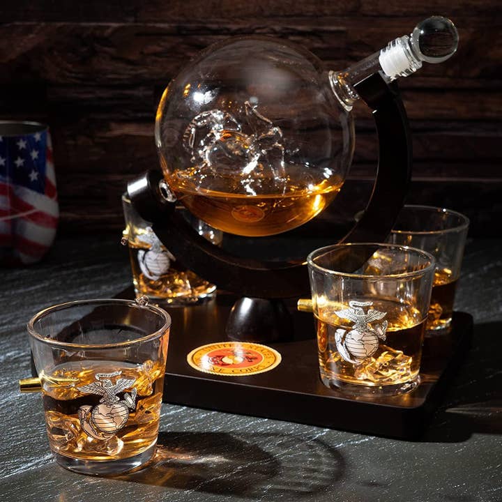 The Wine Savant / Khen Glassware - Wholesale Decanter - U.S. Marine Corpse USMC Globe Whiskey Set & 4 Glasses