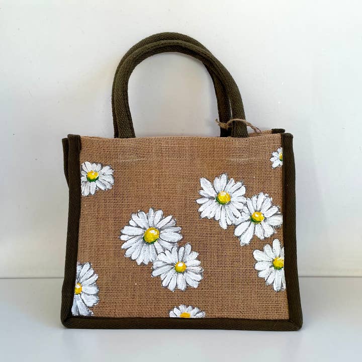 Pequeno saco de juta crua, com margaridas pintadas à mão por atacado de Elles et No.