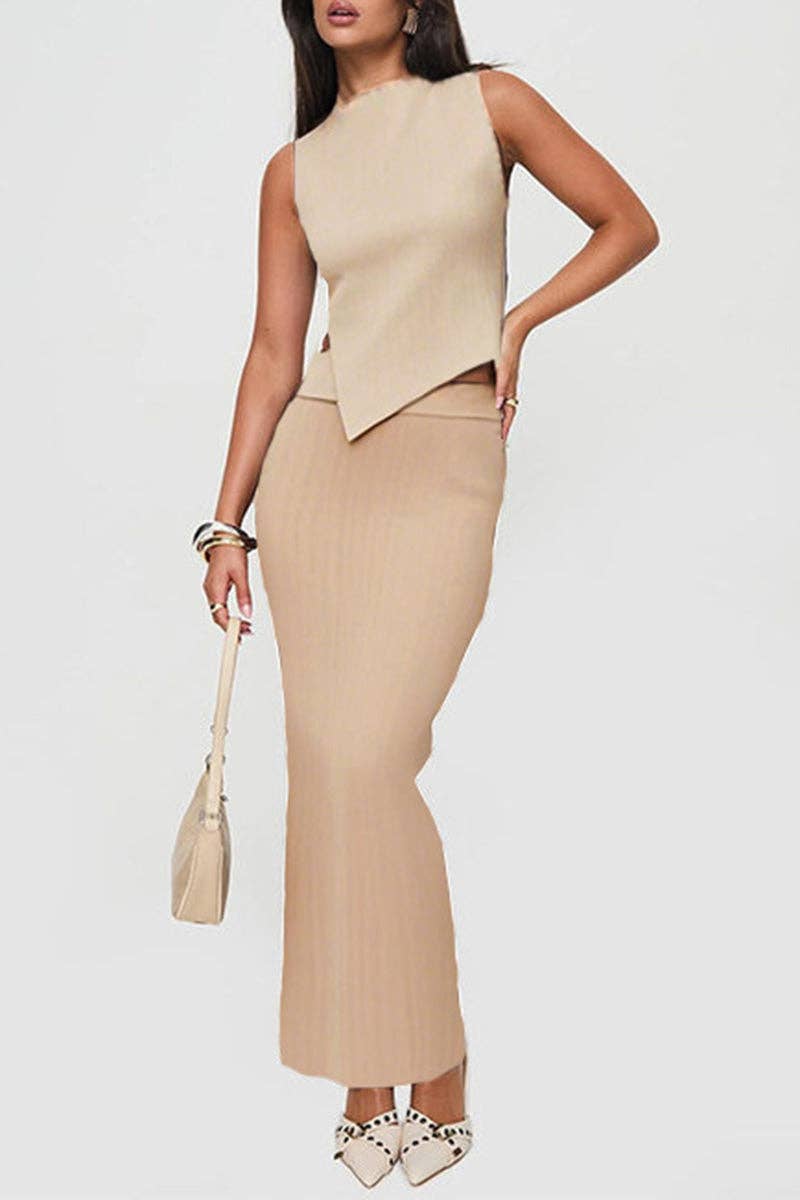 Mccolin - Wholesale Top & Skirt Set - Women's - Asymmetrical Knit Top with Fitted Skirt Set7