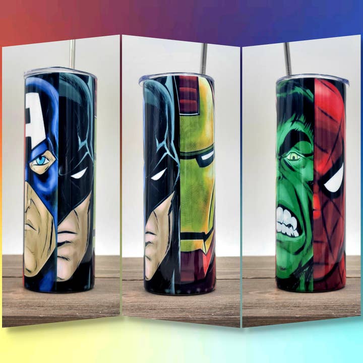 LGH Designs - Wholesale Insulated Mug/Tumbler - Batman, Ironman, Hulk, Spiderman, Captain America Mash Up 20oz Sublimated Skinny Stainless Steel Double Wall Tumbler