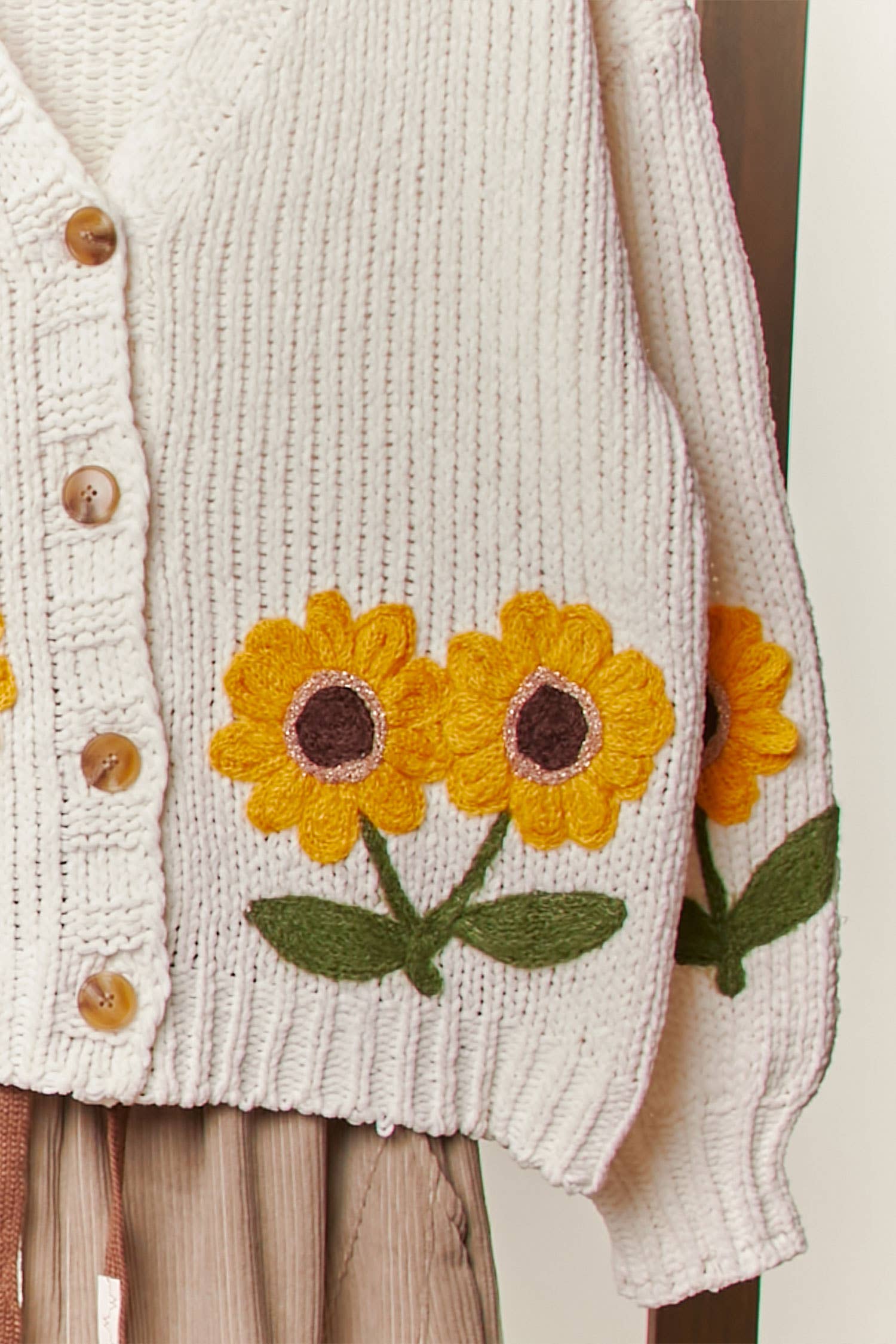 Ivory Sunflower Embroidered V Neck Cardigan for wholesale on Faire4