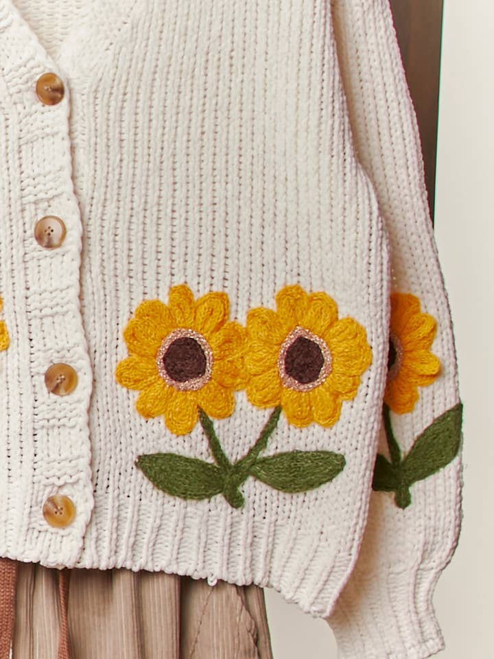 Ivory Sunflower Embroidered V Neck Cardigan for wholesale on Faire4
