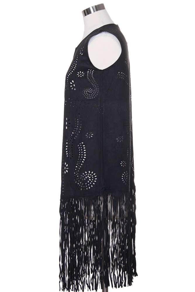 Hana - Venta al por mayor Chaleco de abrigo - Mujer - Chaleco de gamuza cortado con láser con estampado de hojas geométricas6