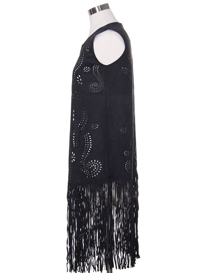 Hana - Venta al por mayor Chaleco de abrigo - Mujer - Chaleco de gamuza cortado con láser con estampado de hojas geométricas6