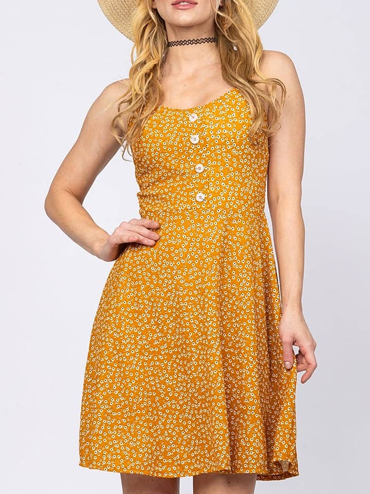 MUSTARD CALICO FLORAL SLEEVELESS MINI DRESS for wholesale on Faire0