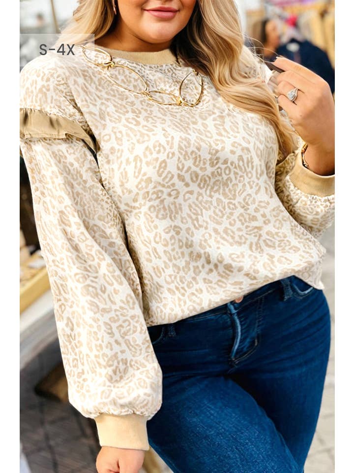 Beige Leopard Ruffle Ribbed Trim Round Neck Sweatshirt (S-4X) for wholesale on Faire