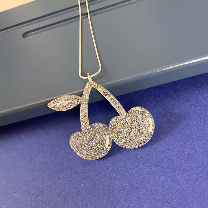 Cherries Necklace - Acrylic Glitter & Sterling Silver for wholesale by DOODLE MOO LTD