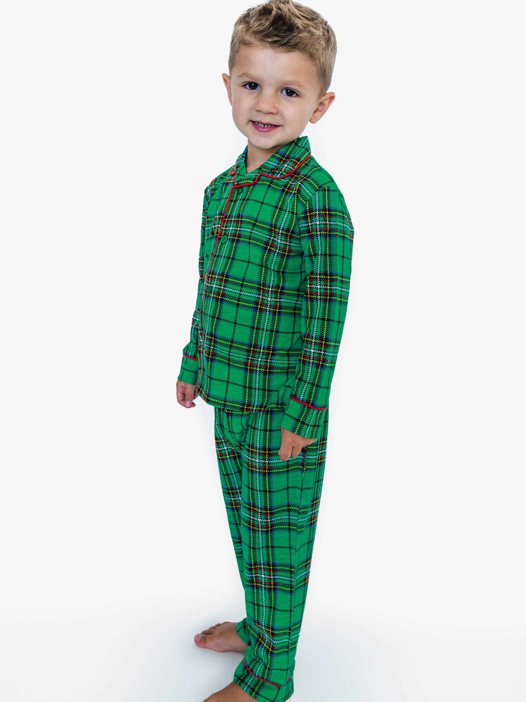 SoftSnooze™ Boys Green Nicholas Plaid Long Sleeve Button Up Pajama Set for wholesale on Faire1