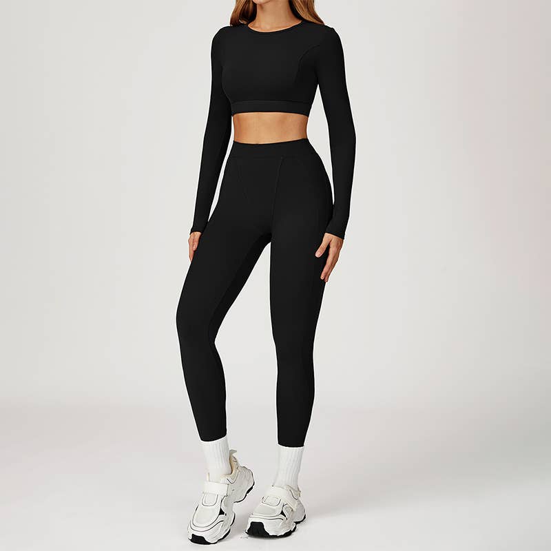 WONDERXFANS - Wholesale Activewear Set - Women's - Round-neck long-sleeve fitted top+HIGH WAIST LEGGINGS 2-PIEC10
