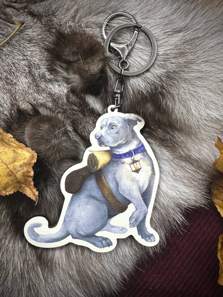 Explorer Dog Wooden Keychain for wholesale by Katelyn Gagnon Art