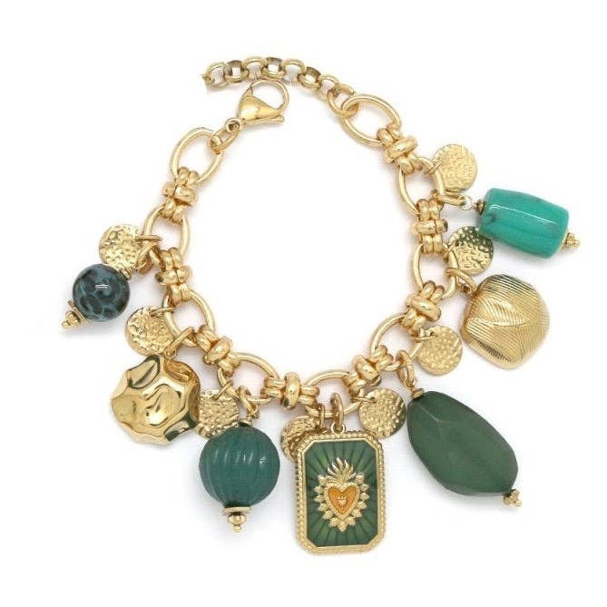 Turquoise Green Heart Charm Bracelet - B4-037 for wholesale by LIZOU