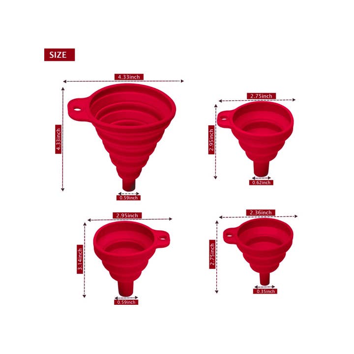 Vigor Path – Funil por atacado – Conjunto de 4 Funis de Cozinha Dobráveis em Silicone - Tamanhos de Extra Pequeno a Grande para Fácil Transferência de Líquidos, Gadgets Dobráveis em Silicone de Grau Alimentar (Vermelho)2