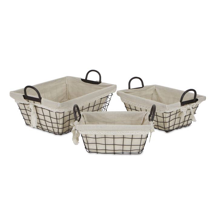 Cheungs Home Decor - Wholesale Basket - Caden Set of 3 Fabric Lined Tapered Metal Wire Baskets