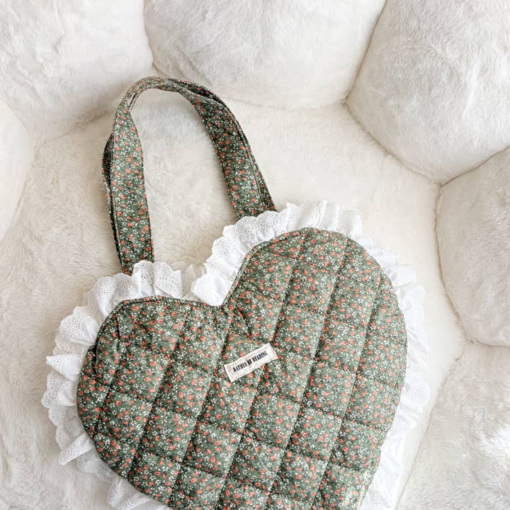 Rather Be Reading Green Quilted Heart Tote Bag with Ruffled Lace Trimming for wholesale by The Bean Workshop