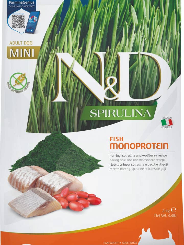 N&D Spirulina sild voksen mini 2 kg for engroshandel hos Finest Petfoods