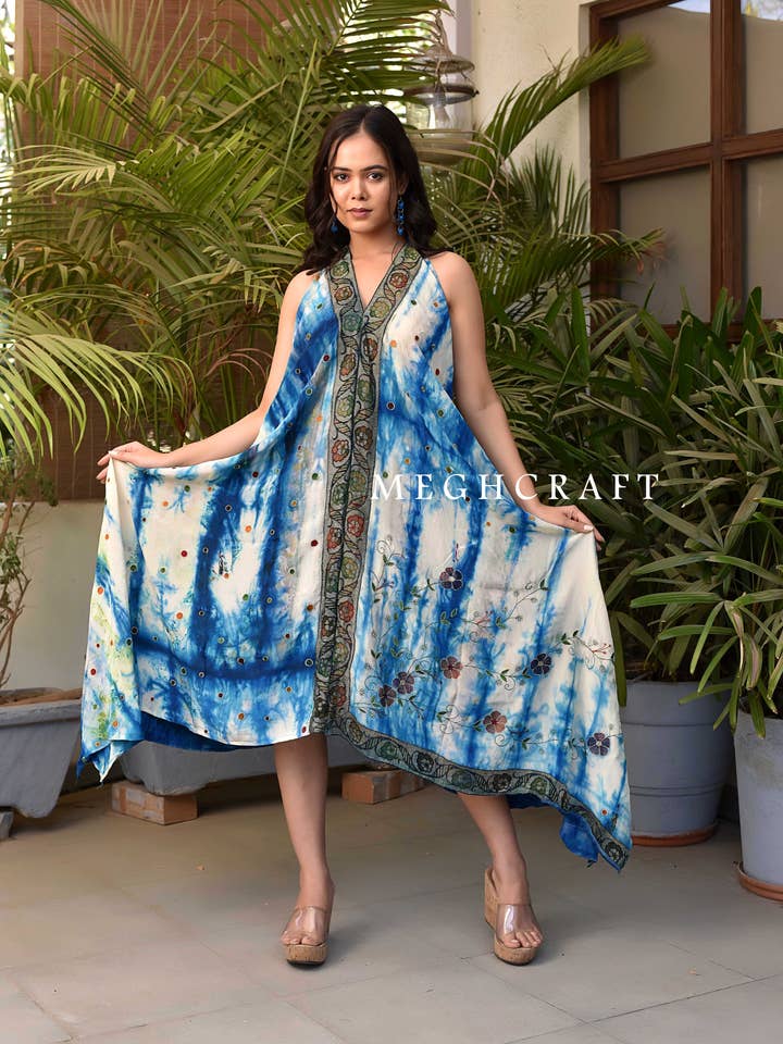 Meghcraft - Vendita all'ingrosso Vestito - Donna - Abito all'americana decorato con stampa tie-dye vintage indiano4