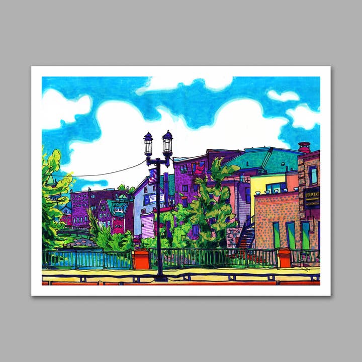 Two Little Geese Under a Bridge in Medford Square Print for wholesale by Stephanie Vecellio Illustration