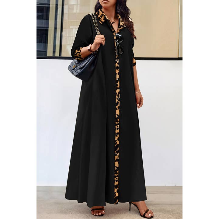 BLACK Plus Size Leopard Print Elegant Long Sleeve Dress for wholesale on Faire1